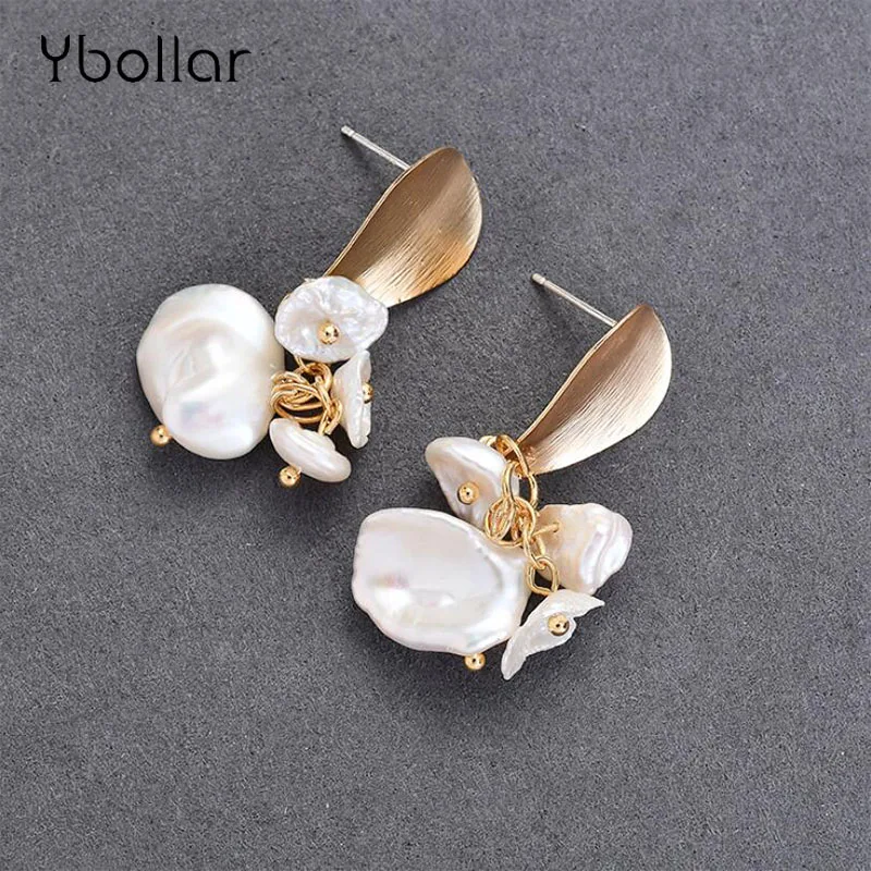 

Ybollar Fashion Pearl Earrings Original Design Gold Handmade Flower Drop Earrings Baroque For Women Jewelry Gift
