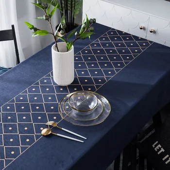 

Velvet Rectangle Dining Table Cloth Gold Blue Geometric Table Cover for Wedding Party Kitchen Tablecloth Polyester Fiber