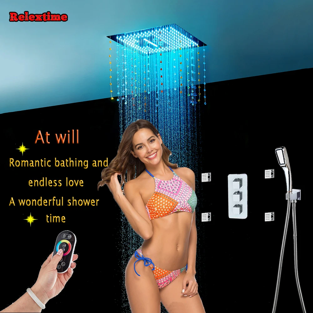 

Crystal Pendant Ceiling Rainfall Shower Head Massage Jets Bathroom Concealed Thermostatic Multifunction Shower Set Faucet Tap