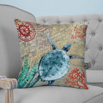 

Nautical Theme Sea Turtle Retro Map Printed Throw Pillow Case Plush fabric Pillowcase Home Decorative Pillow Hot