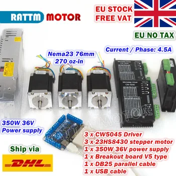 

[EU STOCK] 3-Axis Nema23 76mm CNC Controller Kit 270oz-in Stepper Motor+256 microstep 4.5A CW5040 Driver+350W 36V Power Supply