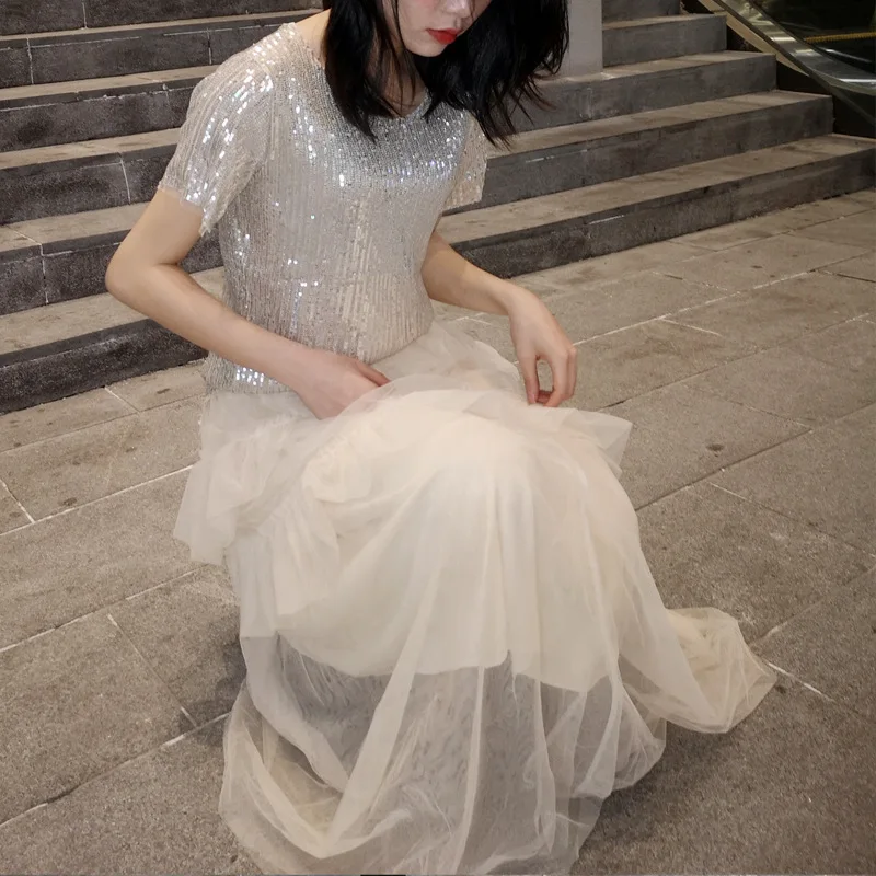 

Very Fairy Gentle Elegant Skirt Mid-length Irregular Frilled Bling Flashing Yarn Set