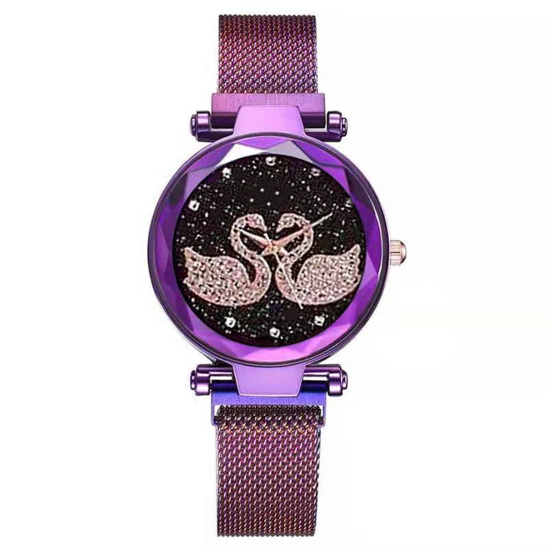 Женские магнитные часы, модные, миланские, сетчатые, с маленьким лебедем, с поверхностью звезды, женские кварцевые часы, Relojes Para Mujer, женские часы - Цвет: Фиолетовый