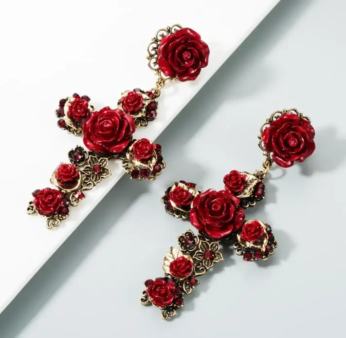Модные темпераментные женские барочные крест с цветами розы длинные серьги ретро шикарные средние возраста серьги-гвоздики аксессуары