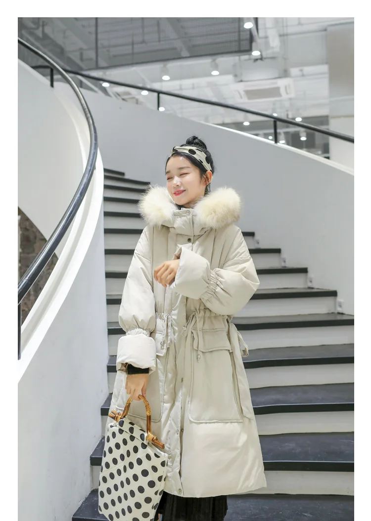 Длинный женский пуховик, пальто из натурального меха, с капюшоном, толстый теплый пояс, черный, корейский, 90%, белый, утиный пух, зимний женский пуховик