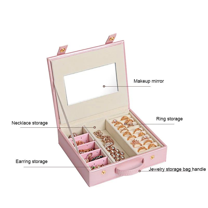 Portable Travel Jewelry Storage Box Earrings Rings Necklace Pink Jewelry Organizer Case with Mirror Large Space Stand Gifts
