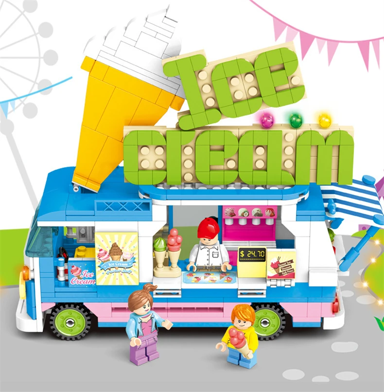 Городской уличный вид мороженое Ван хот-дог грузовик модель комплект маленькие частицы строительные блоки кемпинг автомобиль еда магазин игрушки для детей
