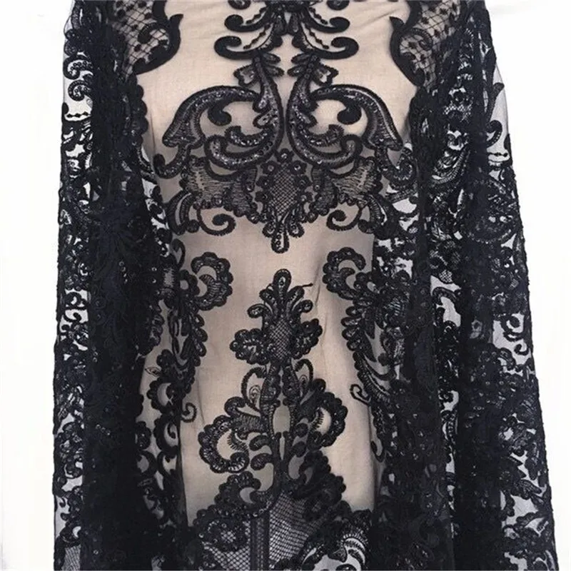 

1 Yard Luxury Alencon Sequins Lace Fabric Vintage Embroidered Flower African Fabric For Bridal Gowns Evening Dress Cloth