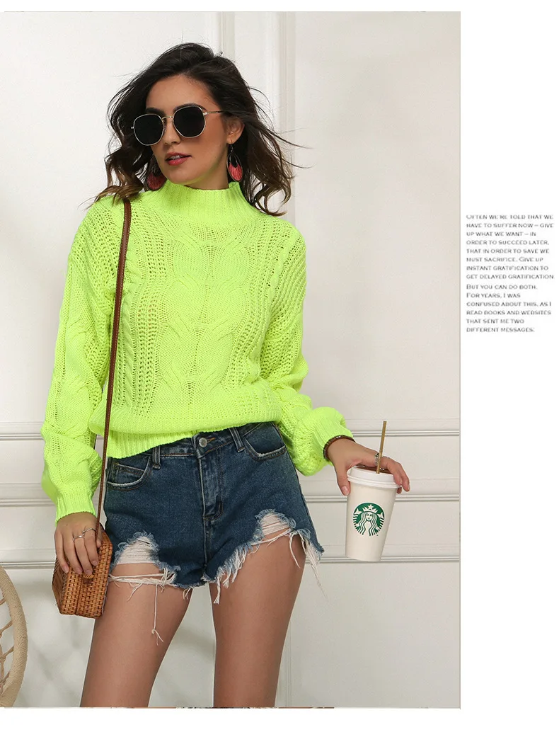 Neon Sweater Women Knitted Fuchsia Pink Solid Half Turtleneck Pullovers Long Casual Loose Knitting Shirts Female Jumpers