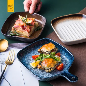 

RUX WORKSHOP Japanese style ceramic plate with handle baked rice Pizza plate Restaurant tableware Dessert snack plate