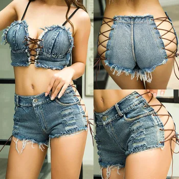 

Sexy Womens Bandage Jeans Pants Denim Shorts Hole High Waist Hollow Out Bottom Leggins Length Jeans longitud Pants #35