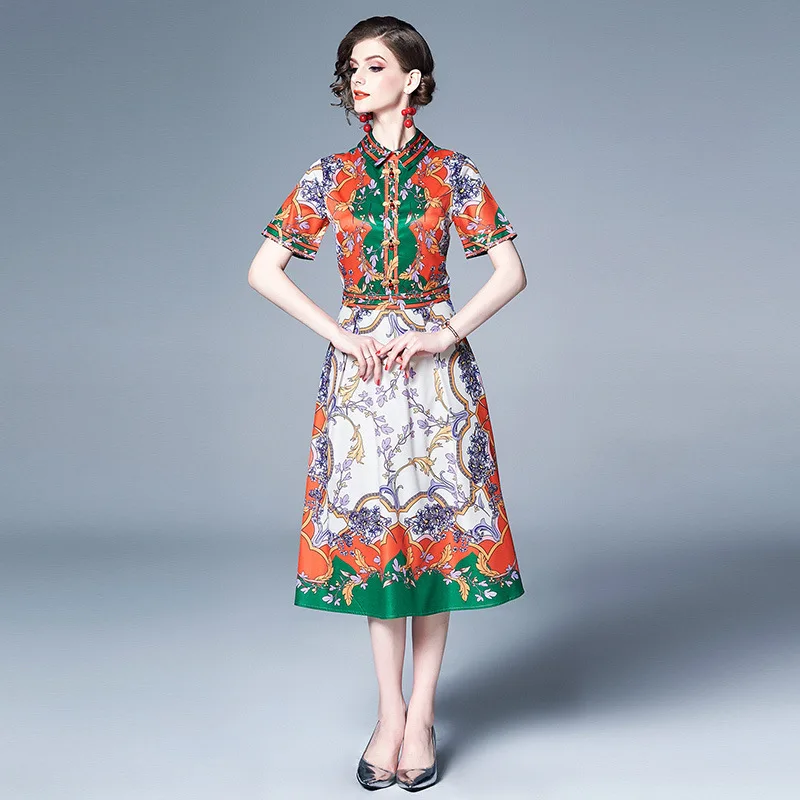 

3512 # Ozhouzhan New Style WOMEN'S Dress Retro Positioning Printed Elegant Medium-length Dress