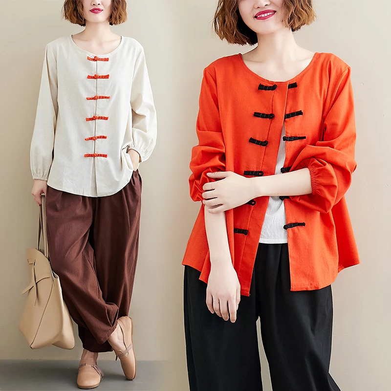 

NBHUZEHUA Ethnic Style Long Sleeve Blouse Women Retro Cotton Linen Cardigan Tops Large Size Shirts Tunique Femme 4XL 5XL 19-D430