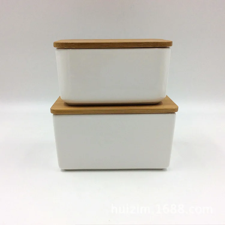 

Square Ceramic Sealed Can niu you he with Bamboo Cover Silicone Ring White Simple Top Grade Dolomite Storage