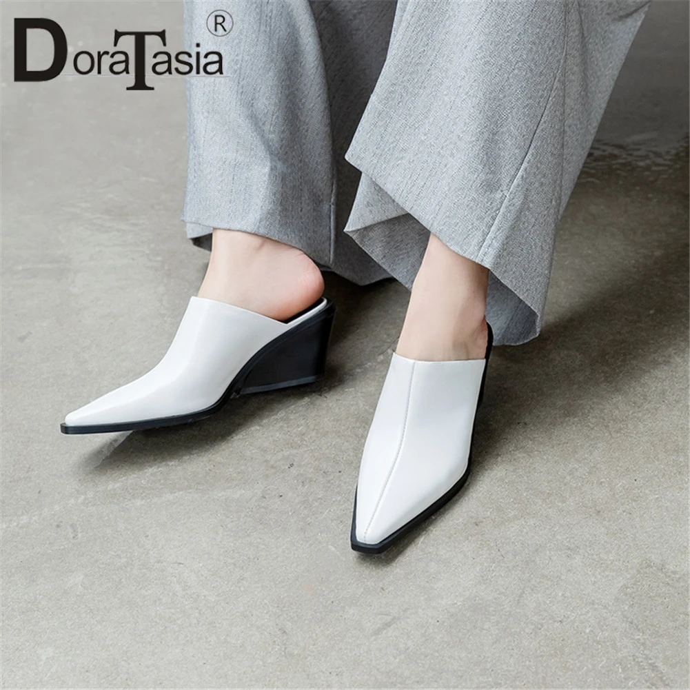 

DORATASIA New Concise Solid Pointed Toe Mules Summer High Wedges Mules Women Brand Genuine Leather Shoes Woman