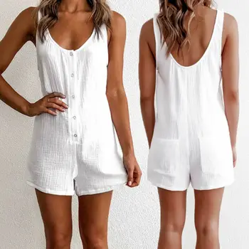 

2020 Summer White Female Rompers New Women V Neck Button Vest Style Jumpsuit Rompers Casual Short Playsuit New