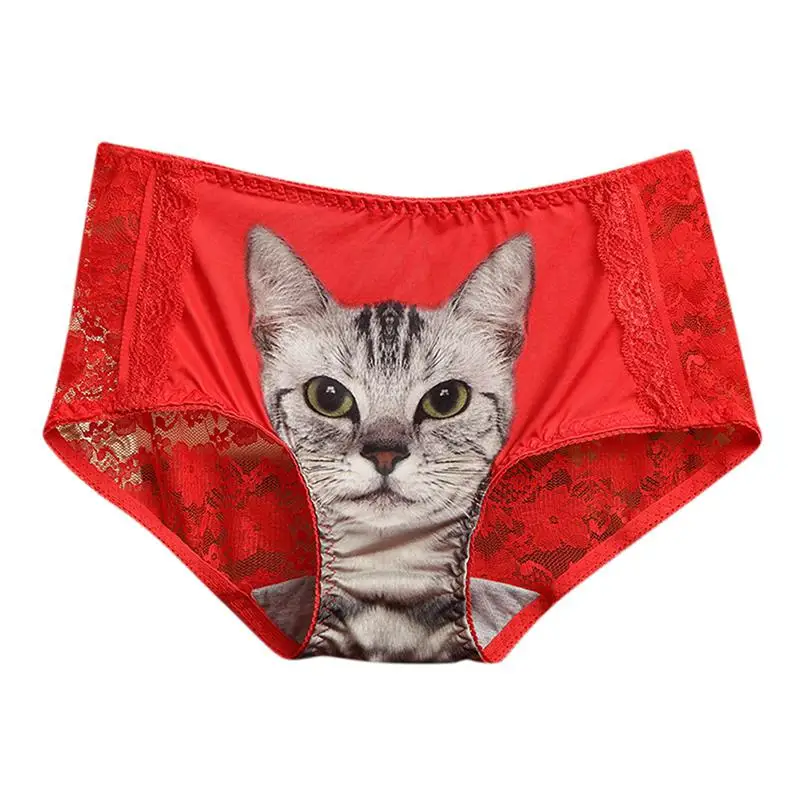 DSstyles, 1 шт., женские кружевные треугольные кальсоны с рисунком 4D Cat, сексуальные трусы со средней посадкой, хлопок, соблазнительное кружево, трусы