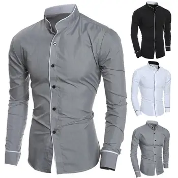 

Men Casual Solid Color Long Sleeve Stand Collar Sliming Button Closure Shirt Top