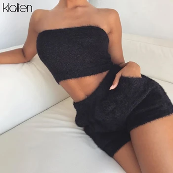 

KLALIEN sexy lambwool vest crop top + tender Comfortable matching shorts 2020 spring fashion women streetwear two pieces set