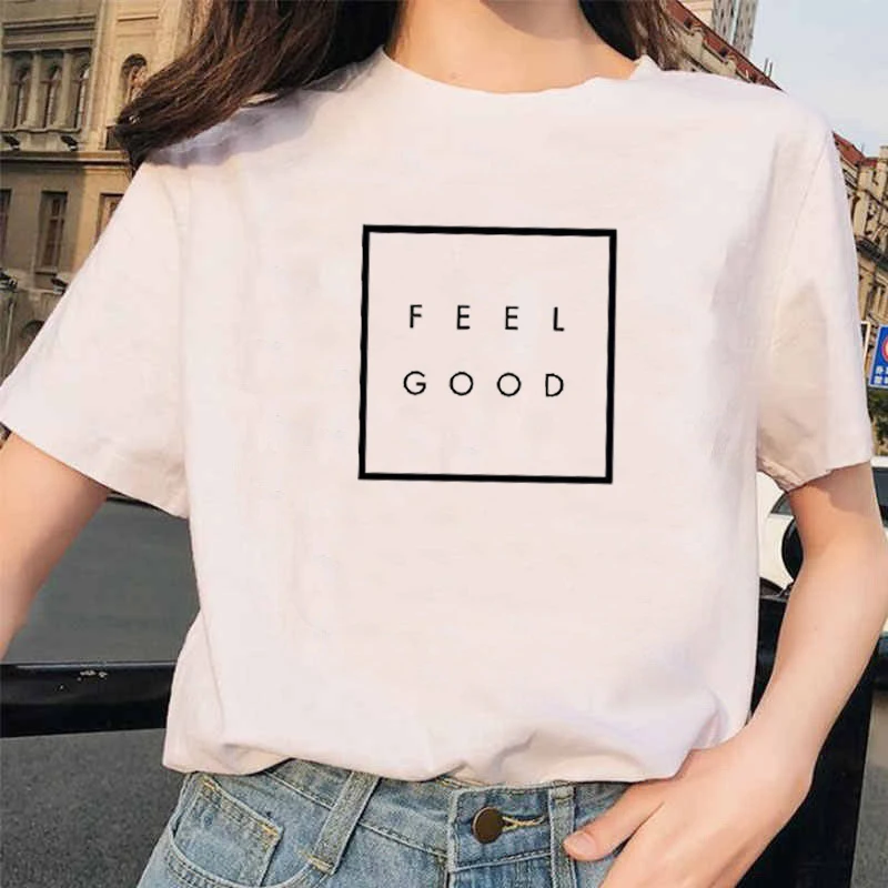 

2020 Summer Fashion Easy Casual FEEL GOOD Women's Alphabet Print T-shirt Harajuku Casual Street Goth Women's T-shirt Tops