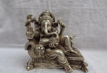 

song voge gem S2708 Tibet Silver 4 Hand Sleep Ganapati Ganesh Lord Ganesha Mouse Buddha Brass Statue