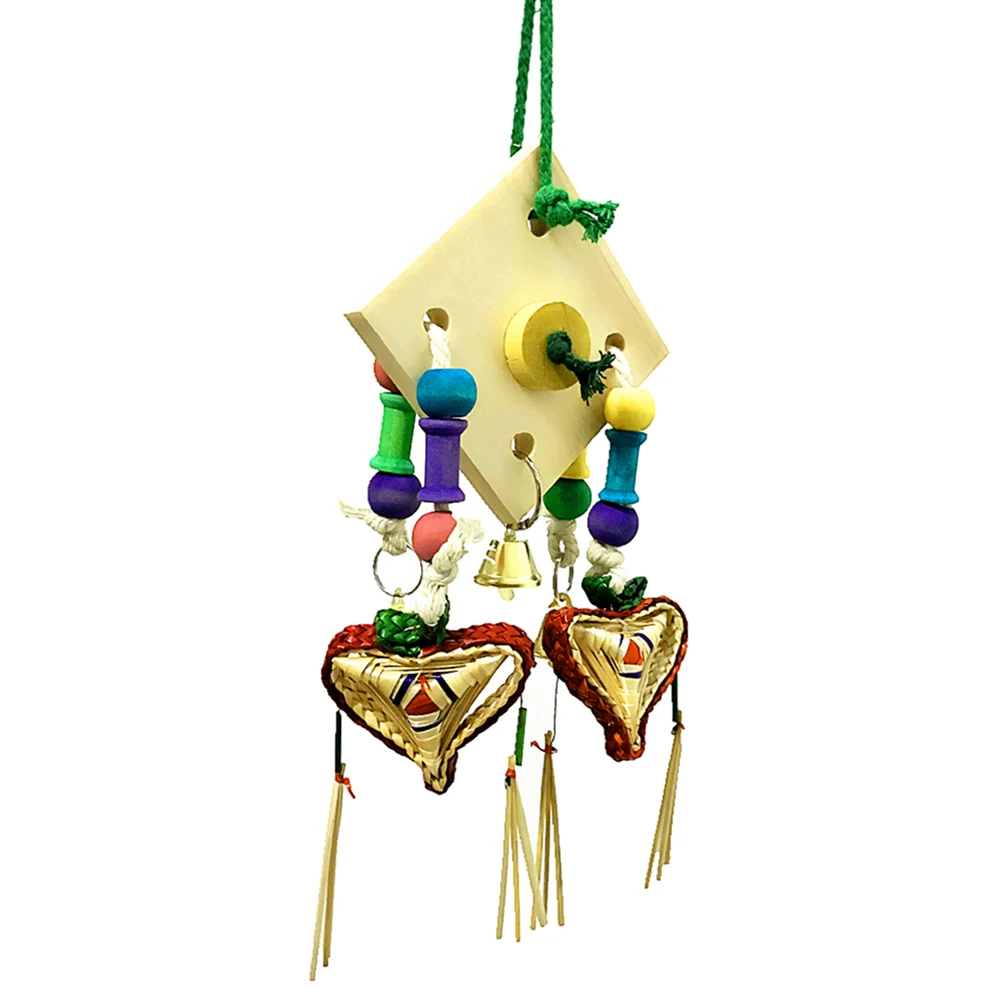 Pet Bird Grass Woven Beads Bell Plate Cage Hanging Decor Play Chew Toy