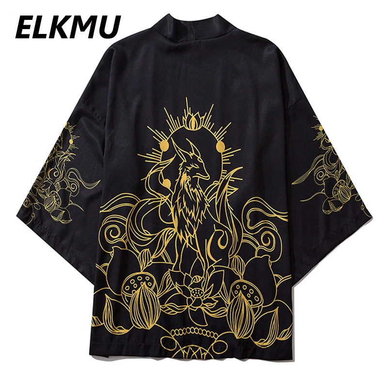 ELKMU Lotus кимоно с цветочным принтом кардиган Harajuku Хип хоп японская Куртка Пальто