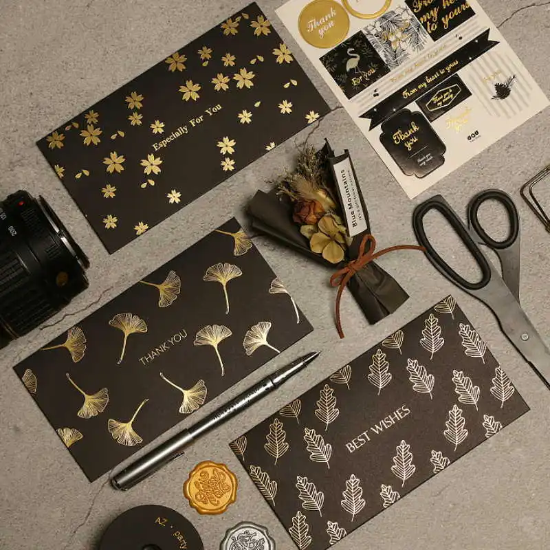

10pcs/set Upscale Black Gold Foil Greeting Card Cherry Blossom Ginkgo Leaf Postcards Gifts Card with Envelope Party Supplies