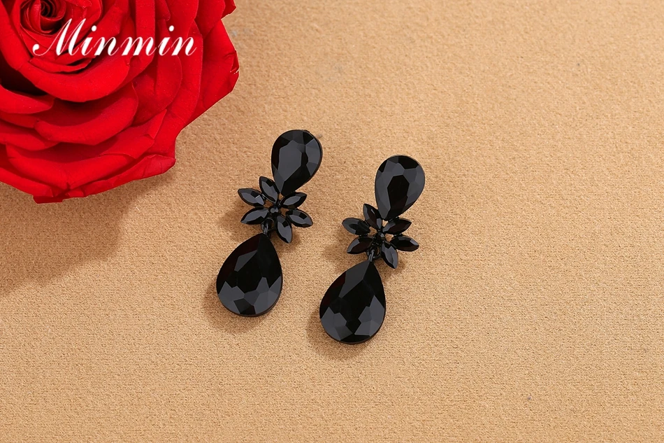 Minmin, милые серьги-капли с цветами и кристаллами, женские винтажные черные стразы маркизы, длинные висячие серьги для женщин EH1468