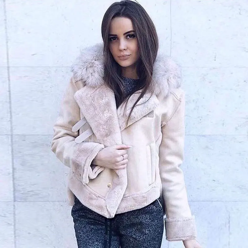 Женское зимнее пальто, кожаные куртки, зимняя замшевая кожаная куртка, женская короткая байкерская куртка из овечьей шерсти, толстое теплое пальто из овечьей шерсти