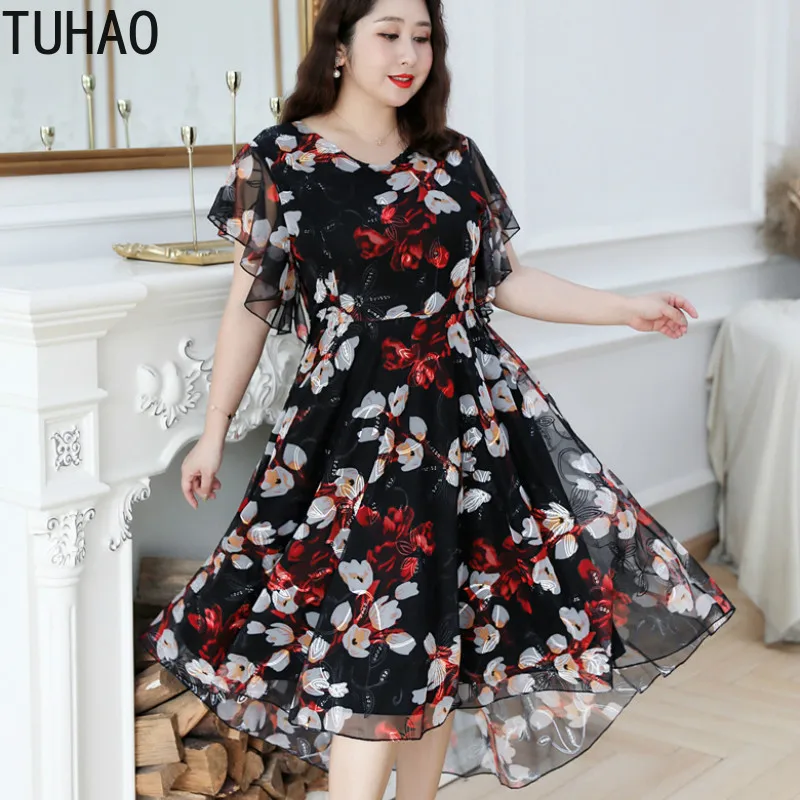 

TUHAO 2020 Summer Mesh Dress Female Long Embroidery Dresses Large Size 8XL 7XL 6XL 5XL Elegant Woman Mother Mom Dress WM65