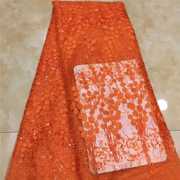 

Latest French Nigerian sequins Laces Fabric orang High Quality Tulle African Laces Fabric Wedding African French Tulle Lace