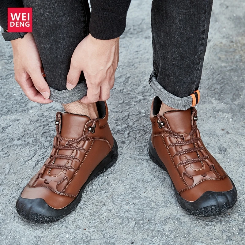 WeiDeng Big Size 38-48 Genuine Leather Casual Snow Military Boots Men Winter Walking Shoes Warm Waterproof Non Slip Flats Soft