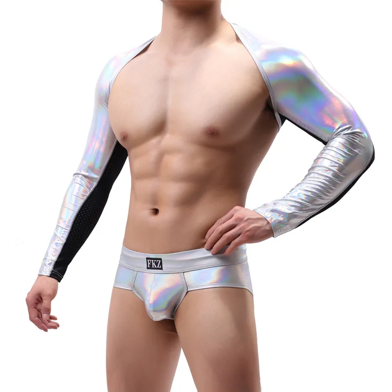Men Shinny PU Leather Shoulder Tops Long Sleeve Harness Bodybuilding Stage Costume Gay Sexy Tops