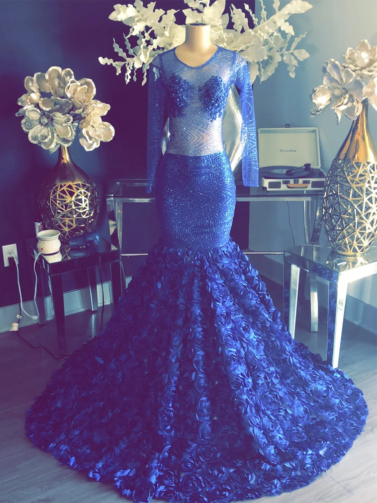 Royal Blue Прозрачное блестящее длинное платье для выпускного вечера в африканском стиле с длинными рукавами Королевское синее платье русалки с объемными розами для девочек - Цвет: Royal Blue