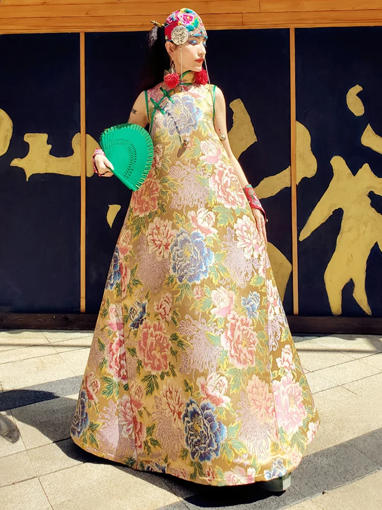 Роскошное женское платье с цветочным принтом, винтажное изысканное платье Чонсам в китайском стиле, вечернее платье Qipao, Классическая ночная рубашка с поясом XL