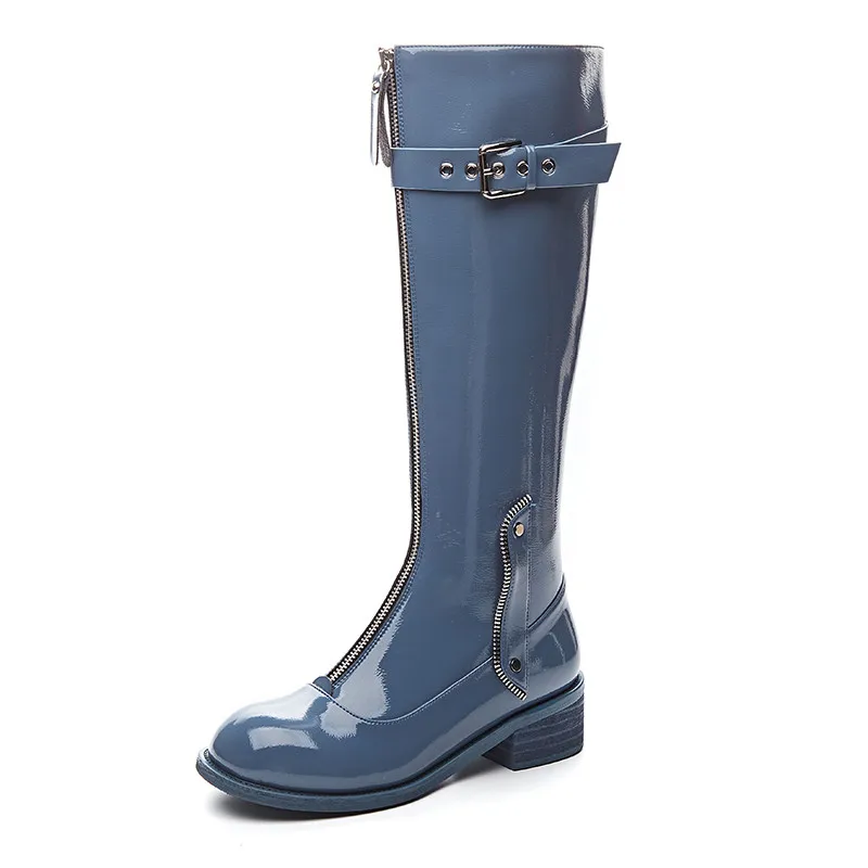 blue with fur ASUMER/Новое поступление года; сапоги до колена; женские рыцарские сапоги из лакированной кожи на молнии с пряжкой; модная повседневная женская обувь на низком каблуке - Цвет: blue with fur