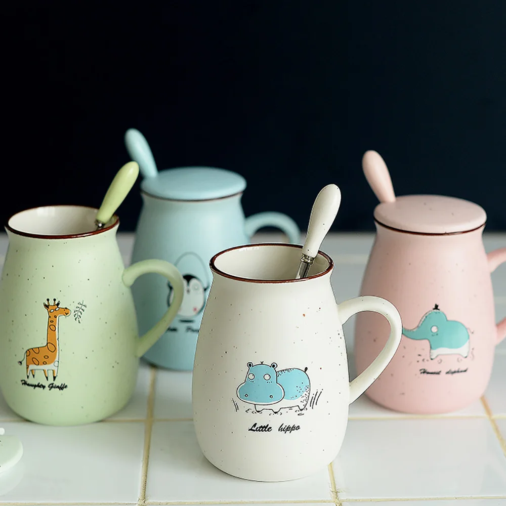 

Ceramic cup retro breakfast milk cup cartoon water cup coffee cup mug mug with cover and spoon