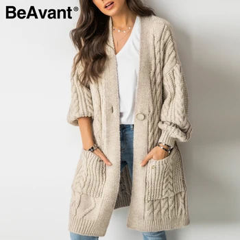 

BeAvant Causal apricot autumn winter women cardigan Elegant v-neck long sleeve knitted sweater Fashion pocket straight cardigan