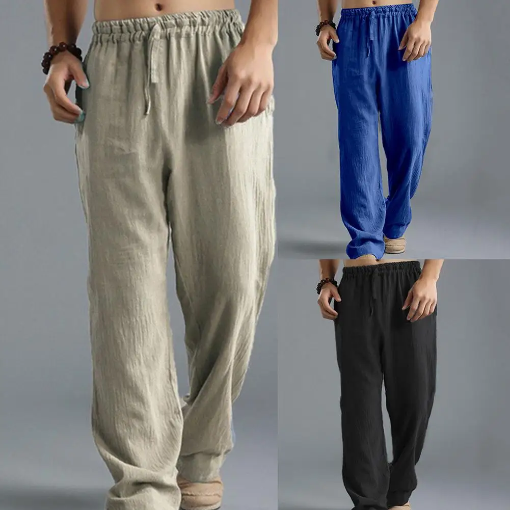 Plus Size Men Cotton Linen Long Pants Elastic Waist Loose Straight Trousers Summer Breathable Slender Casual Sports Pants 5XL men casual pants