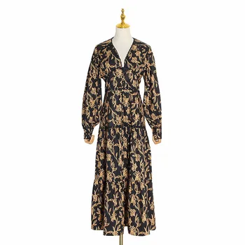 

Embroidery Floral Desses Women Long Sleeve V Neck Midi Dress Female Vintage Clothes 2020 Spring Fashion New