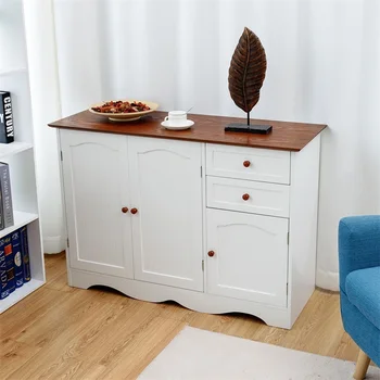 

European Simplicity Buffet Storage Cabinet Kitchen Sideboard with 2 Drawers Sturdy MDF Elegant Smooth White Finish HW58545
