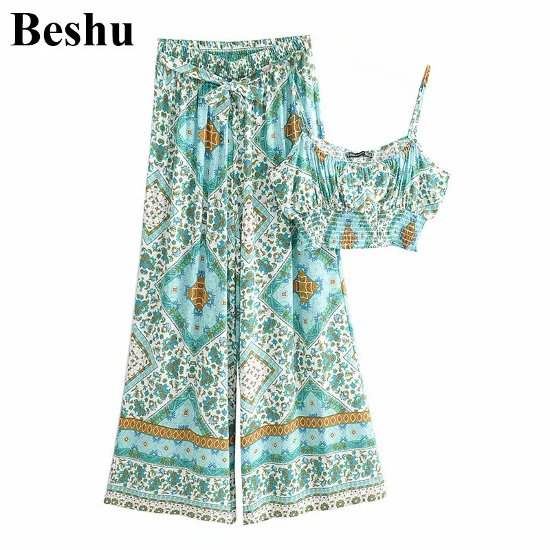 

za 2020 fashion two-piece women green cotton geometric print sling short elastic tube tops female high waist sashes pants mujer