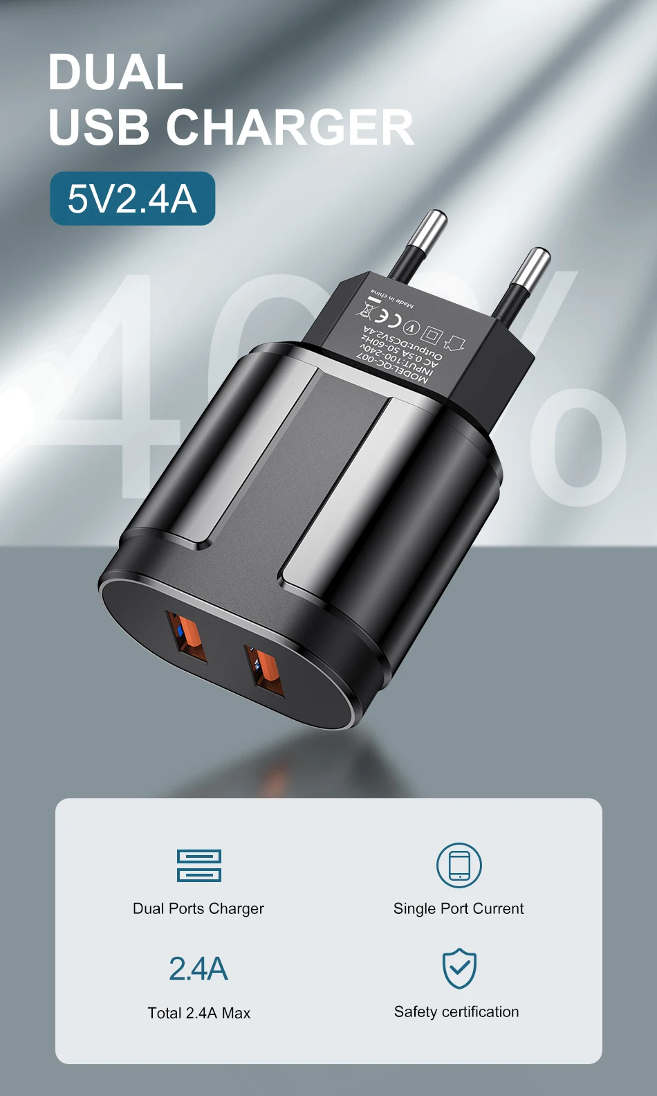 USLION EU/US Plug 2.4A Max двойной USB адаптер быстрой зарядки настенное Универсальное зарядное устройство для мобильного телефона iPhone для samsung Xiaomi