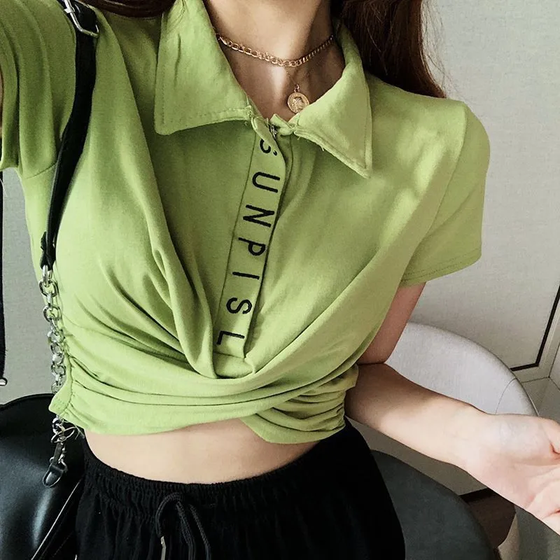 

2019 New Women Letter Printed Lapel Summer T Shirt Korean Fashion Short Sleeve Tshirt Female Casual Loose Cross Short Tops