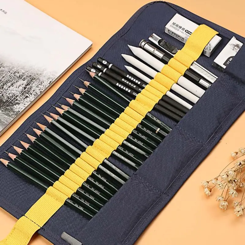 

27pcs Sketch Pencil Set Professional Sketching Drawing Roll Up Bags Kit Painter 11UB