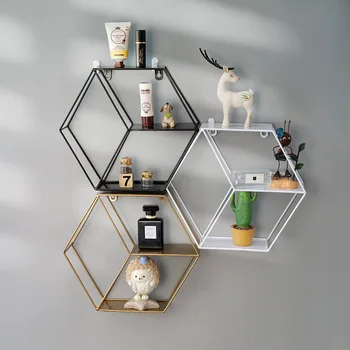 

Nordic Iron Hexagonal Grid Wall Storage Rack Creative Wall Mounted Decoration Shelf Organizer Home Decor for Living Room Bedroom
