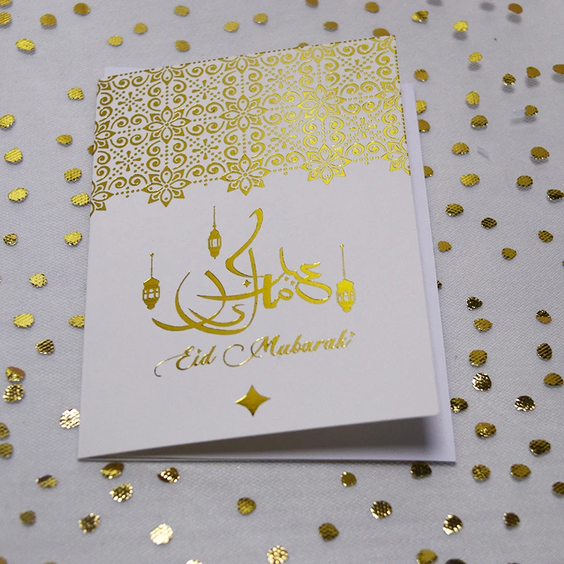 Eid Party Decorations Greeting Cards Kids Happy Eid Mubarak Cards 6 Pack Mini Cards with envelopes White/Gold