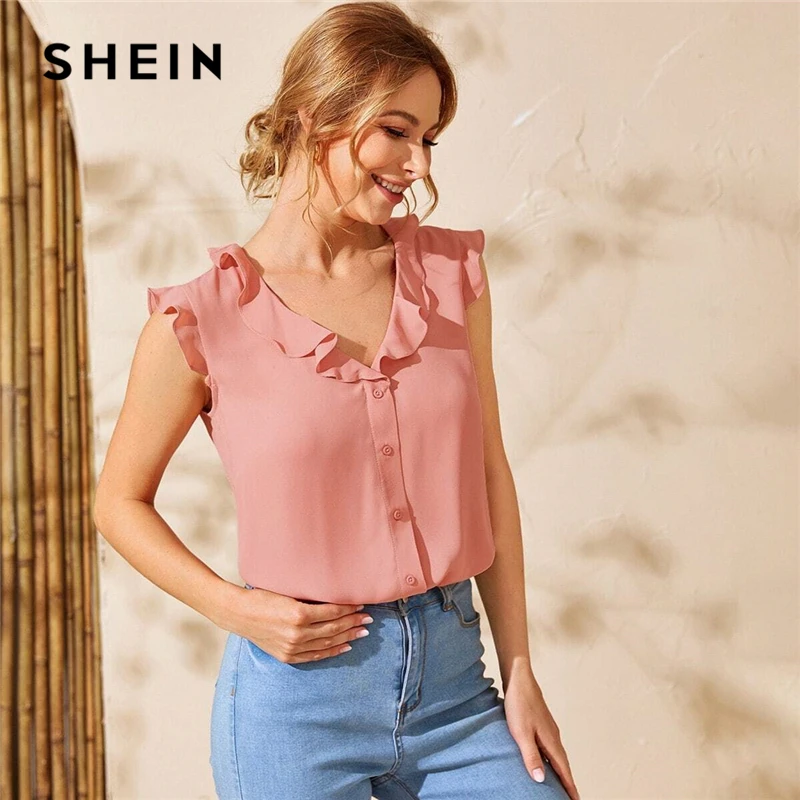 SHEIN Pink Ruffle Trim Button Front Solid Blouse Top Women 2020 Summer V Neck Cap Sleeve Ladies Cute Shirt Blouses SHEIN Pink Ruffle Trim Button Front Solid Blouse Top Women 2020 Summer V Neck Cap Sleeve Ladies Cute Shirt Blouses