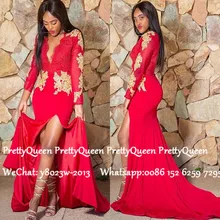 Африканские женские красные платья с длинным рукавом для выпускного вечера с золотыми аппликациями сексуальное вечернее платье с глубоким вырезом